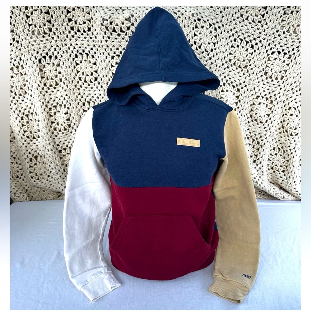 Skechers Hoodie Pullover Kids XL Blue Red White Beige Colorblock Kangaroo Pocket